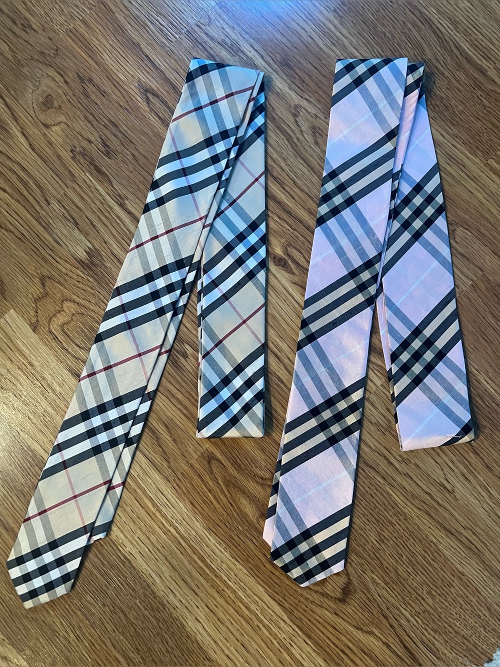 Plaid Silk Belts.  Tan and Pink